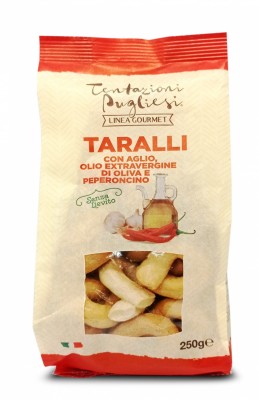 Tentazioni Pugliesi Taralli con alio, olio extravergin di oliva e peperoncino Przekąska z czosnkiem, oliwą i chili 250g