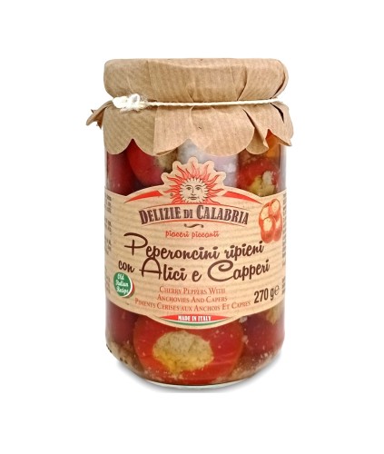 Delizie di Calabria Peperoncini ripieni con Alici e Capperi Papryczki nadziewane anchovies i kaparami 270g Włoskie