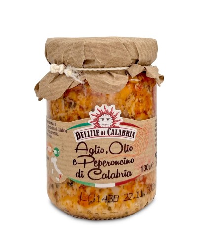Delizie di Calabria Aglio, Olio e Peperoncino di Calabria Klasyczny włoski sos z czosnkiem, oliwą i chili 180g