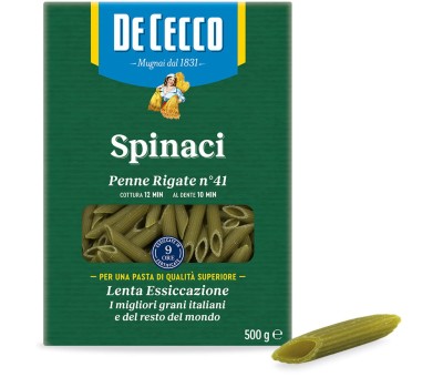 penne rigate spinaci 500g, włoski makaron w kartonowym zielonym pudełku