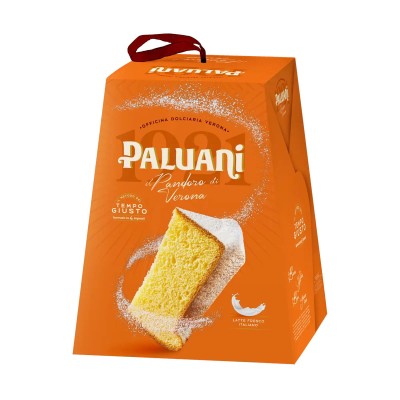 paluani pandoro di verona 700g, babka włoska w kształcie gwiazdy w pomarańczowym kartonie