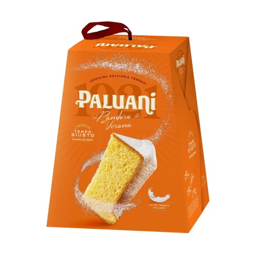 paluani pandoro di verona 700g, babka włoska w kształcie gwiazdy w pomarańczowym kartonie