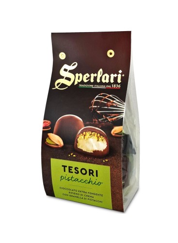 sperlari tesori pistacchio 160g, pralinki w ciemnej czekoladzie z kremem pistacjowym i siekanymi pistacjami