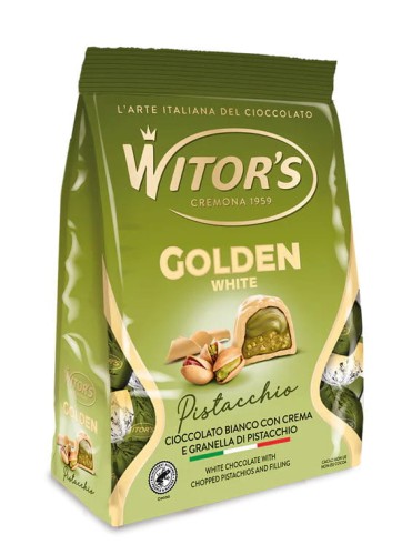 witors golden white 200g, pralinki z białej czekolady z kremem pistacjowym