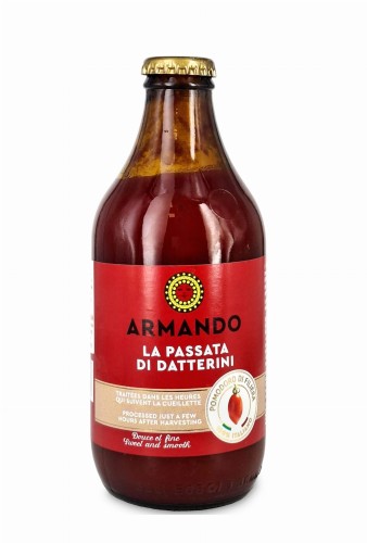 armando passata datterini 320g, passata z pomidorów datterino w szklanej butelce z kapslem