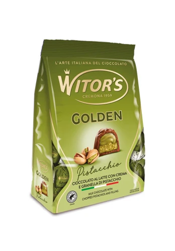 witors golden pistacchio 200g, pralinki z mlecznej czekolady z nadzieniem pistacjowym torebka zielona