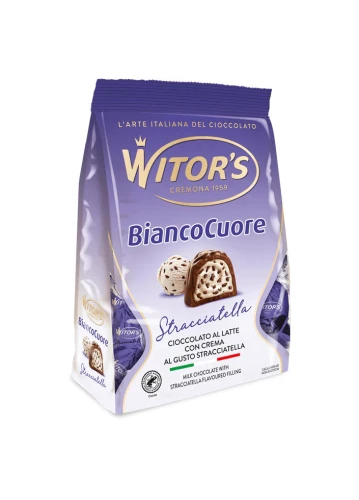 Witors Biancocuore Stracciatella 250g, pralinki z mlecznej czekolady z nadzieniem mlecznym, torebka fioletowa