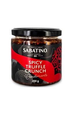 sabatino spicy truffle crunch 200g, dodatek do potraw z truflą, czosnkiem i oliwą z oliwek słoik z czarno-czerwoną etykietą.