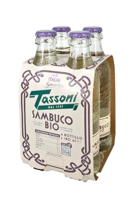 Tasoni Sambuco Bio 4x180ml, napój o smaku czarnego bzu, szklana butelka