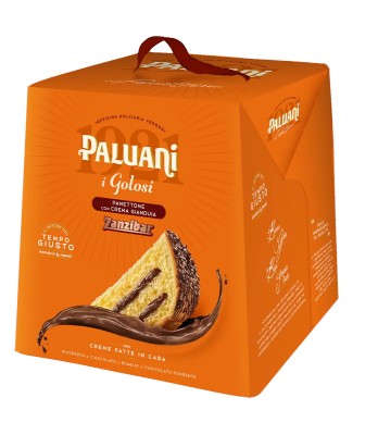 paluani panettone con crema gianduja zanzibar 750g, babka włoska z kremem orzechowym w polewie czekoladowej, pomarańczowy karton