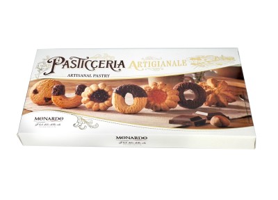 pasticceria artigianale 250g, miks kruchych ciastek w kartonowym, białym pudełko ze zdjęciem ciasteczek