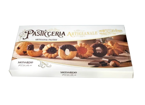 pasticceria artigianale 250g, miks kruchych ciastek w kartonowym, białym pudełko ze zdjęciem ciasteczek