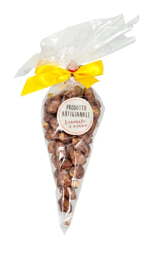 prodotto artigianale orzechy arachidowe w karmelu w woreczku z żółtą wstążką 80g