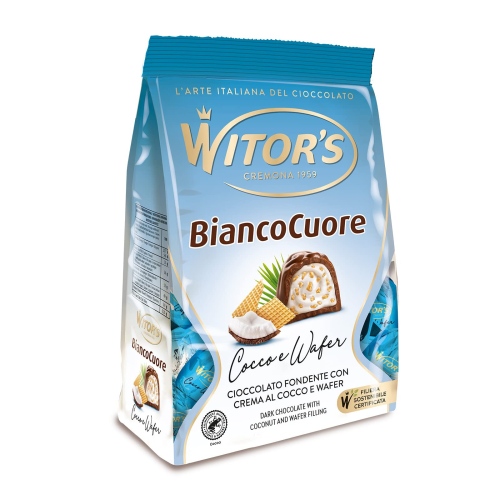 Witor's BiancoCuore Cocco e Wafer Pralinki z ciemnej czekolady z kremem kokosowym z wafelkami 200g